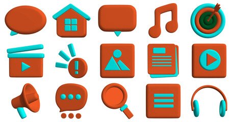 A set of voluminous 3D icons in a minimalist style. The orange-blue color palette and simple shapes make the elements suitable for interfaces, applications, web design and infographics.