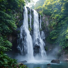 Fototapeta premium A stunning waterfall surrounded by dense foliage and vibrant greenery, hidden oasis, untouched wilderness, jungle, scenic beauty