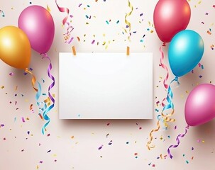 Vector background with a blank white card, colorful balloons, and confetti on the sides