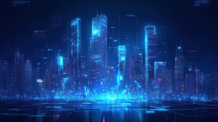 Futuristic cityscape at night, glowing skyscrapers and digital data streams.