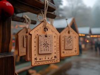 Wooden House Shaped Ornaments Hang At Christmas Market