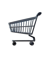 Shiny metallic shopping cart on white background retail consumerism online shopping e-commerce symbol purchase supermarket grocery store add to cart buy now sale discount offer promotion marketing