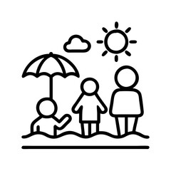 family beach day icon, family day line art, family icon - simple black line art icon of family beach day, symbolizing family day celebrations. family vector art.