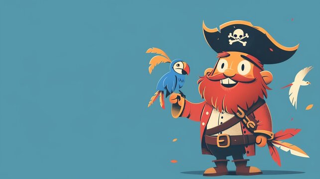 A cartoon pirate with a red beard smiles broadly and holds a parrot on his shoulder.