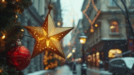 Stylish christmas golden star illumination and fir branches with red and gold baubles, golden lights bokeh on front of building at holiday market in city street. Christmas street decor