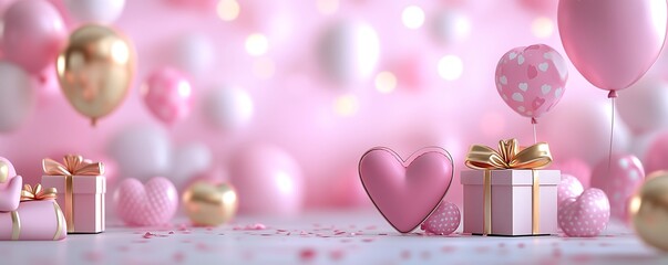 3D rendering of a Valentine's Day background with pink and gold hearts, gift boxes, and balloons on the right side. Cute cartoon style with a bokeh effect. Pink color theme