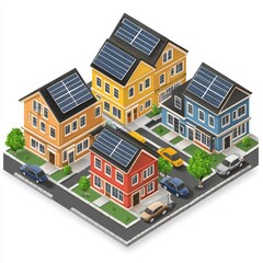 Isometric modern houses with solar panels, promoting sustainable living, eco-friendly architecture, and renewable energy solutions in residential design.