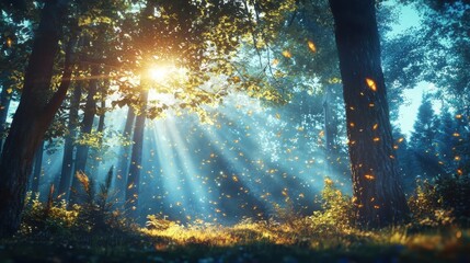Naklejka premium Fireflies dancing in a sunlit forest at dusk ethereal glow nature photography forest environment captivating viewpoint enchanted atmosphere