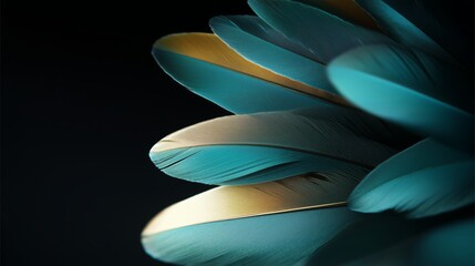 Vibrant teal and gold feathers displayed against a dark background showcasing intricate textures and colors