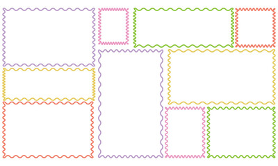 Zig zag wavy edge rectangle frame or border shapes set. jagged geometric rectangular. Abstract elements for promo material, web template, stickers, or social media design.  Vector illustration. EPS 10