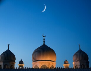  Ramadan islamic night sunset with eastern moon, Hilal and Eid clear sky at night with some clouds 
