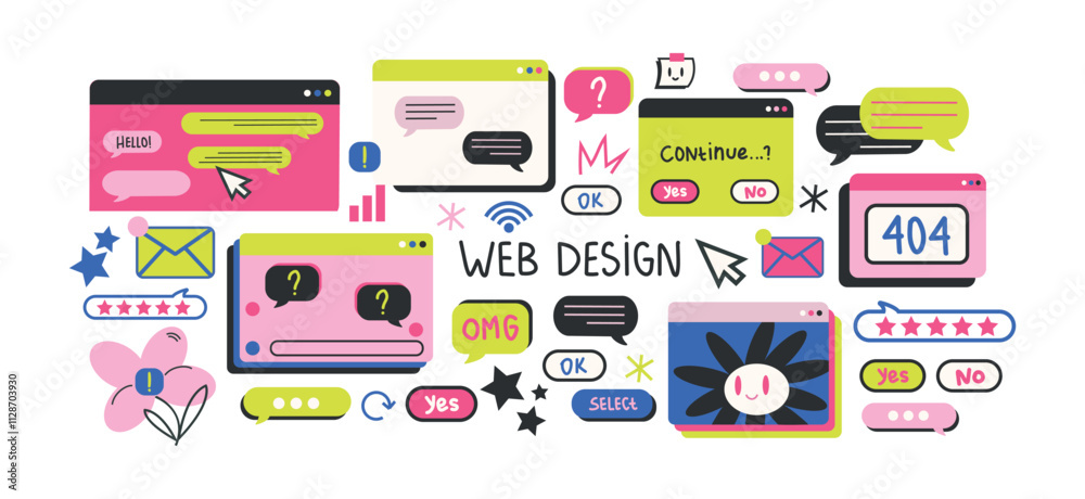 Wall mural retro cartoon set of web pages pc.old computer style. geometric frames in 90s memphis style. set of 
