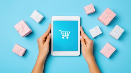 Obraz premium Online Shopping: Tablet & Gifts Flatlay
