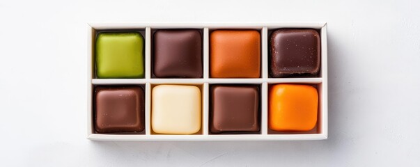 Colorful assortment of gourmet chocolates arranged in a stylish box on a white background.