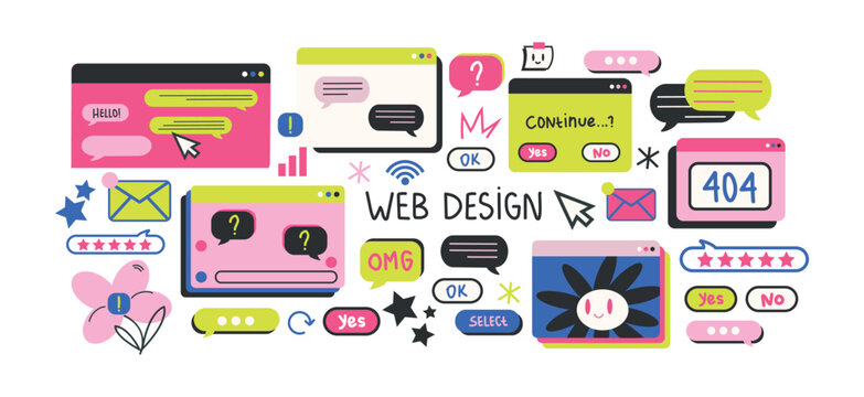 Retro cartoon set of web pages pc.old computer style. geometric frames in 90s memphis style. Set of user interface elements. Retro browser computer window. Y2k vector promo doodle comic banner