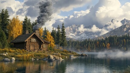 Fototapeta premium Rustic log cabin by a serene lake in a mountainous autumn landscape with smoke rising from its chimney.