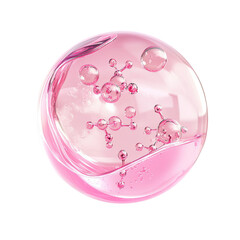 Pink Collagen Serum Essence in a glass bubble with molecule inside isolated on white background Skin care cosmetic product advertising banner template 3D rendering