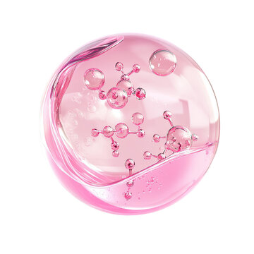 Pink Collagen Serum Essence in a glass bubble with molecule inside isolated on white background Skin care cosmetic product advertising banner template 3D rendering