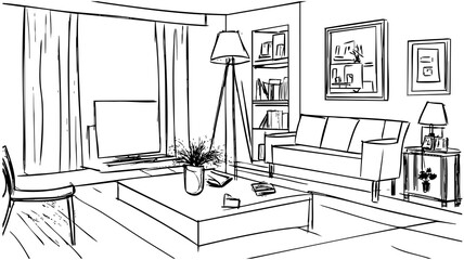 Abstract living room interior simple hand drawn illustration. Lounge with sofa, table and chair. Sketch, doodles