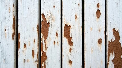 Weathered Wooden Planks with Peeling White Paint and Rust Stains