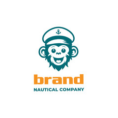 Playful Monkey Wear Captain Hat For Ship Navy Navigator Logo Design
