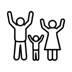 parents cheering kids icon, family day line art, family icon - simple black line art icon of parents cheering kids, symbolizing family day celebrations. family vector art.