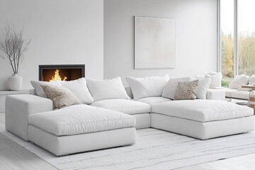 Scandinavian white corner sofa beside the fireplace. Generative Ai