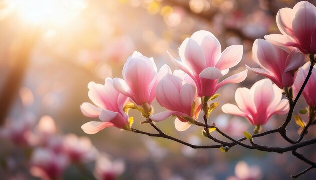 magnolia tree blossom in springtime tender pink flowers bathing in sunlight warm april weather