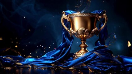 Trophy adorned with blue ribbons: aesthetic closeup capturing the elegance and symbolism of achievement and celebration