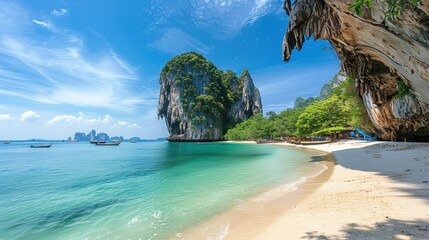 A secluded beach cove in Thailand with turquoise waters and limestone cliffs - Powered by Adobe