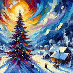 Abstract сhristmas tree with sunset and houses in the background, oil paint style with grunge technique, smears, smudges, decorative noises. Cute vibrant christmas illustration