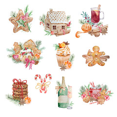 Watercolor Christmas sweets set with drink, cookie and floral