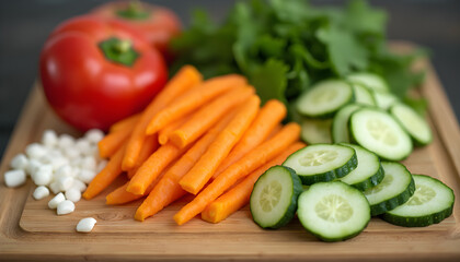 Freshly cut vegetables including tomatoes, carrots, cucumbers, and cilantro on a wooden cutting board