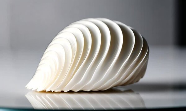 A smooth white shell placed on a white table, isolated against a pure white background