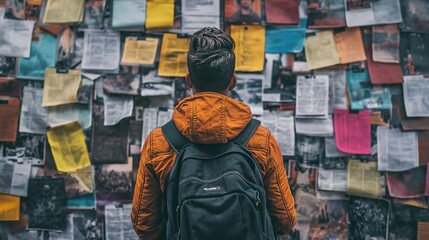 Person standing in front of a job listings board, scanning opportunities with a focused expression. The scene conveys the pursuit of career advancement and the search for meaningful employment.