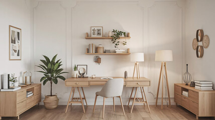 Serene Scandinavian-Style Home Office with Natural Wood and White Accents