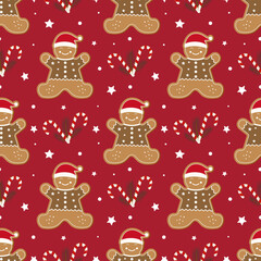 A Christmas pattern on a red background of gingerbread men and sweets is traditional for Christmas. Vector