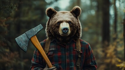 A bear dressed as a lumberjack with a plaid shirt and a toy axe standing in a pine forest.