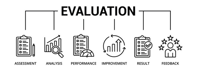 Evaluation banner icon with assessment, analysis, performance, improvement, result, feedback