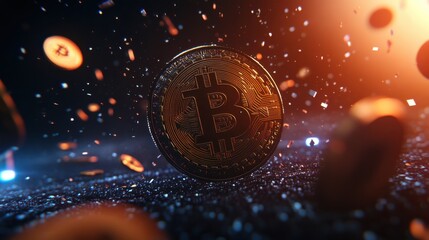 Fototapeta premium A visually striking representation of a Bitcoin coin, surrounded by floating coins, against a dynamic background of light and particles.