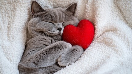 Cat hugs red heart and sleeps on white blanket Postcard with gray fluffy cat for Valentines Day Greeting card with British shorthair cat Space for copying