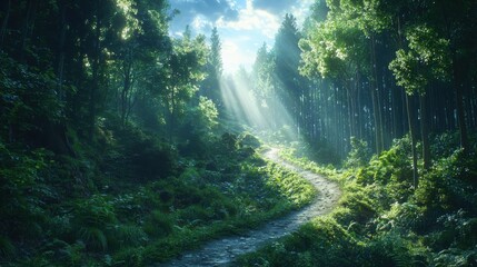 Exploring a serene hiking trail through a lush forest illuminated by sunlight inviting nature enthusiasts to experience tranquility