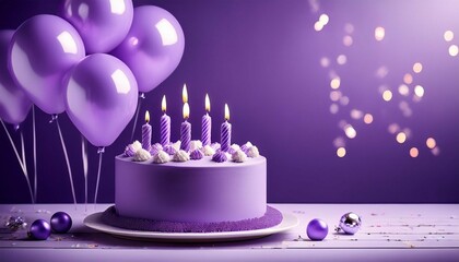 lilac birthday party backgrounds birthday cake with lighted candles balloons aside decorated celebration light purple background with copy space for greeting cards banners and birthday wallpaper