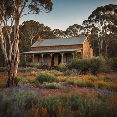 "A historical Australian homestead surrounded by eucalyptus trees and vibrant wildflowers."