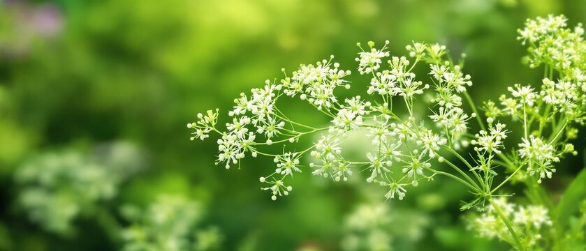 Botanical composition featuring a white dill peduncle on a lush green backdrop, lush, green, peduncle, ingredient, botanical