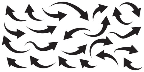 Set of curved arrows isolated on white background. Curved arrows, hand drawn curved arrows. Collection of pointers. Vector illustration.