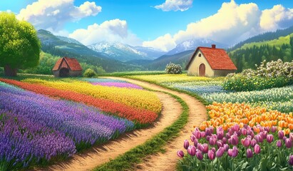 A field of colorful flower fields, with rows and rows of tulips in various colors growing on the ground