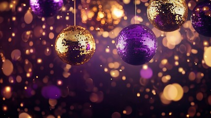 Obraz premium Disco background with disco balls in purple and gold lighting