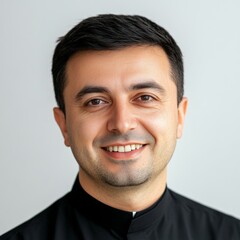 Fototapeta premium Smiling priest isolated on white background, representing religious faith, clergy roles, and spiritual leadership.