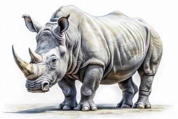 Obraz premium Captivating Drone Photography of a Rhinoceros Illustration on a Minimalist White Background, Showcasing Artistic Realism and Nature's Majesty